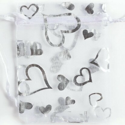 Organza bags white with silver hearts - 10x14 cm 100 pieces