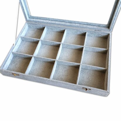 Jewelry box / Storage box Gray velvet with lid 12 compartments / jewelry display