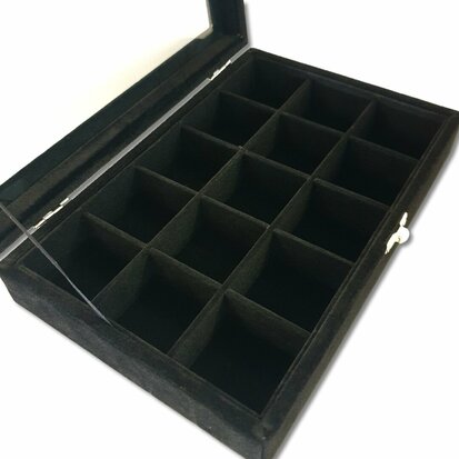 Jewelry box - 15 compartments - black - with lid - 23x15x5 cm