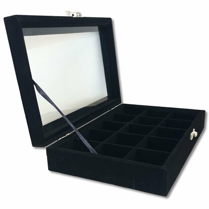 Jewelry box - 15 compartments - black - with lid - 23x15x5 cm