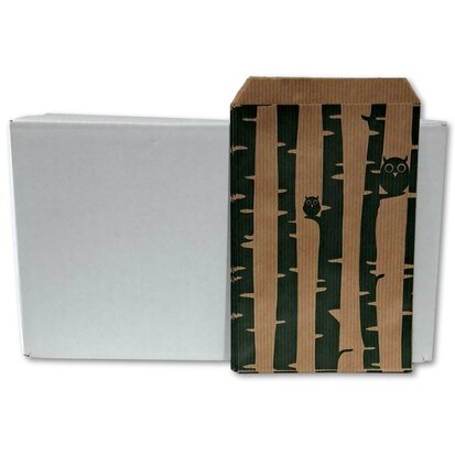 Papieren zakjes - 1000 stuks - 10x16 cm - bruin met groene uiltjes - 50 gr/m2 / cadeauzakjes 