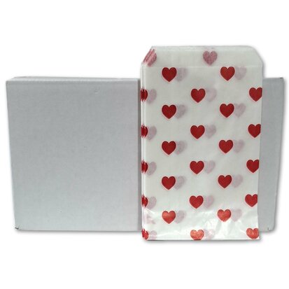 Paper bags - 100  pieces - 10x16 cm - white with red hearts - 40 gr/m2 / gift bags