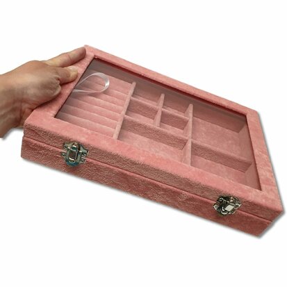 Sieradendoos M - Roze - 7 vakken en ringhouder - 28,5x20x5cm - glazen deksel