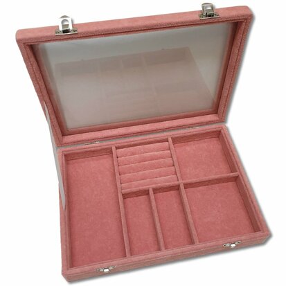 Jewelry box M - Pink - 5 compartments and ring holder - 28.5x20x5cm - glass lid