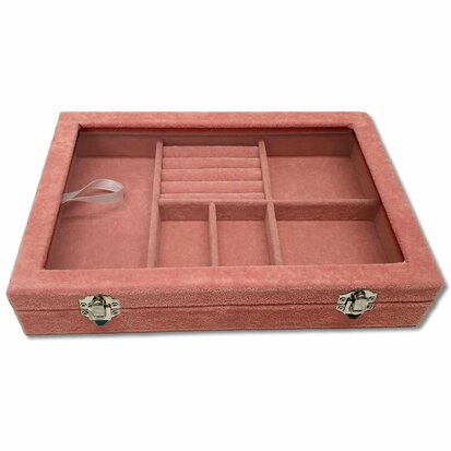 Jewelry box M - Pink - 5 compartments and ring holder - 28.5x20x5cm - glass lid