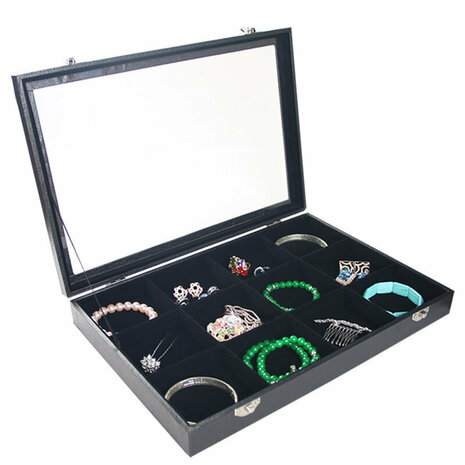 Jewelery box - 12 compartments - Black velvet - with lid - 35x24x5 cm