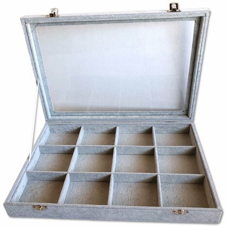 Jewelry box / Storage box Gray velvet with lid 12 compartments / jewelry display