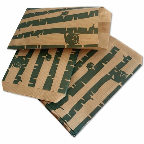 Paper bags - 1000 pieces - 10x16 cm - brown with green owls - 50 gr/m2 / gift bags