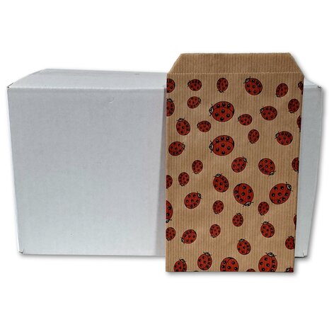 Papieren zakjes - 1000 stuks - 10x16 cm - bruin met lieveheersbeestjes - 50 gr/m2 / cadeauzakjes Ladybug