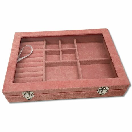 Jewelry box M - Pink - 7 compartments and ring holder - 28.5x20x5cm - glass lid