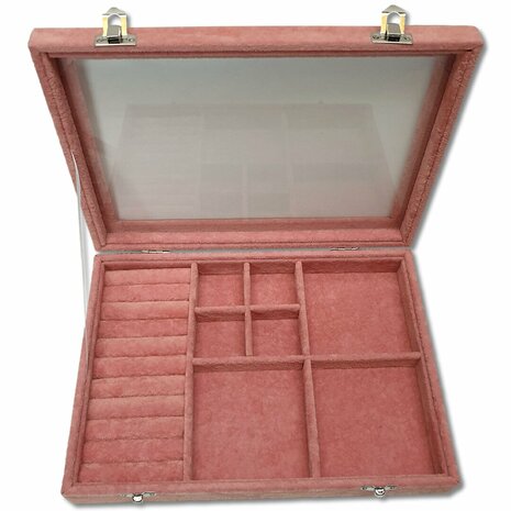 Jewelry box M - Pink - 7 compartments and ring holder - 28.5x20x5cm - glass lid