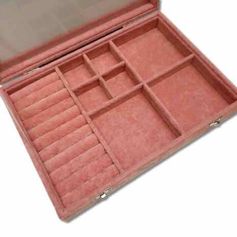 Jewelry box M - Pink - 7 compartments and ring holder - 28.5x20x5cm - glass lid