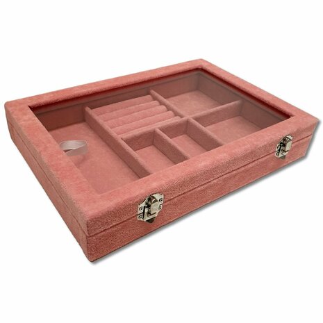 Jewelry box M - Pink - 5 compartments and ring holder - 28.5x20x5cm - glass lid